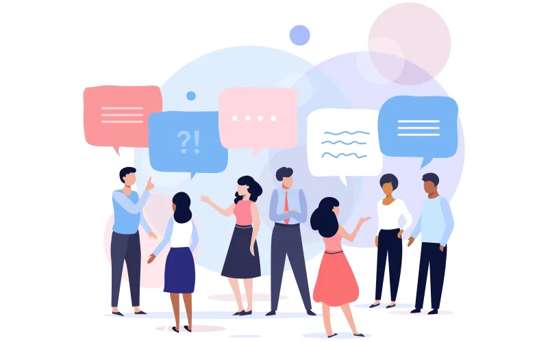 People asking questions, surrounded by speech bubbles