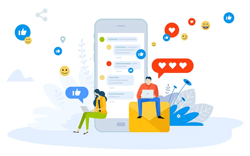 A phone surrounded by likes, reactions and comments