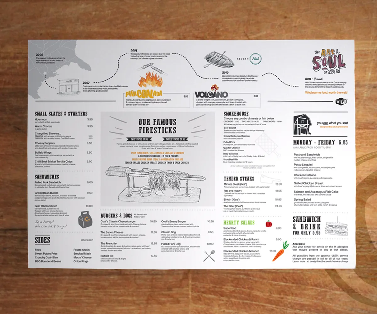 A printed Coal Grill + Bar menu
