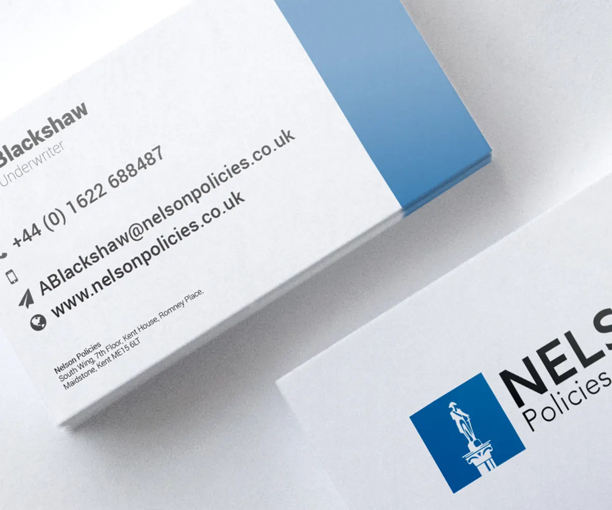 Nelson Policies business cards and stationery