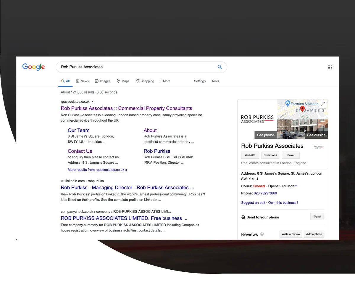RP Associates appearing in Google search and business listings